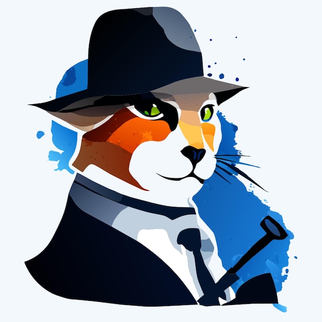 a minimalist watercolor ink splatter portrait of a curious cat detective the cat is wearing a