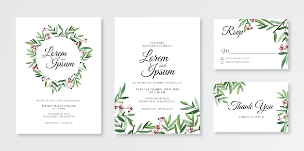 Minimalist wedding card invitation template with hand painted watercolor floral