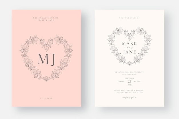 minimalist Wedding invitation card template design in line art style