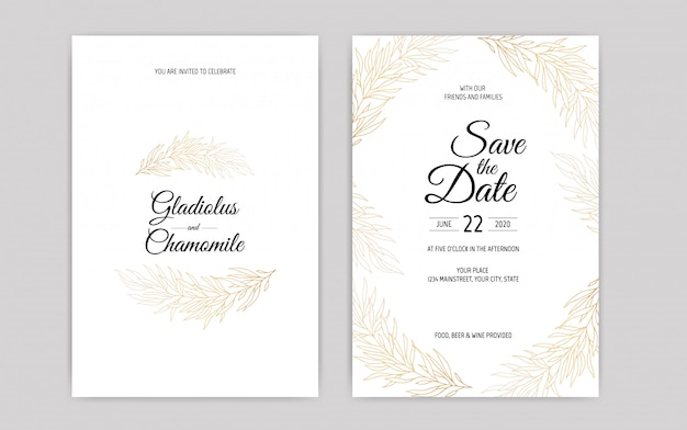 Minimalist wedding invitation card template design. Template, Frame with Delicate Flowers, Branches, Plants.