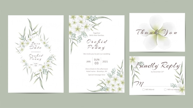 Minimalist wedding invitation template set with white flowers