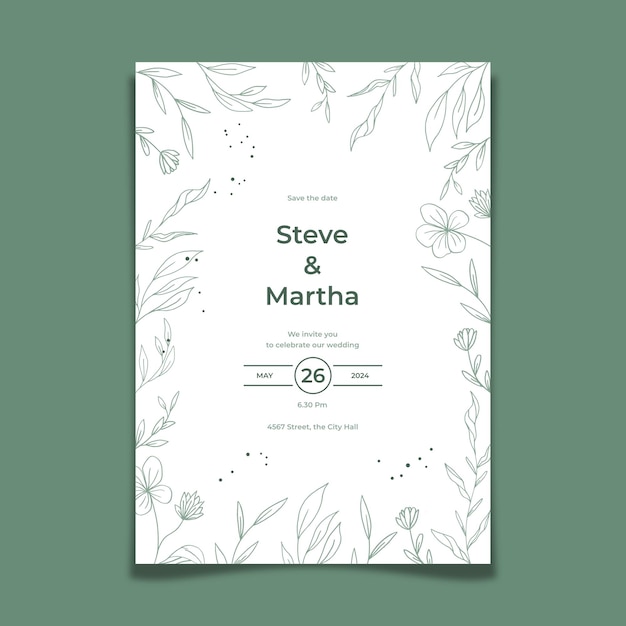 Minimalist wedding invitation template simple style with hand drawn floral decoration