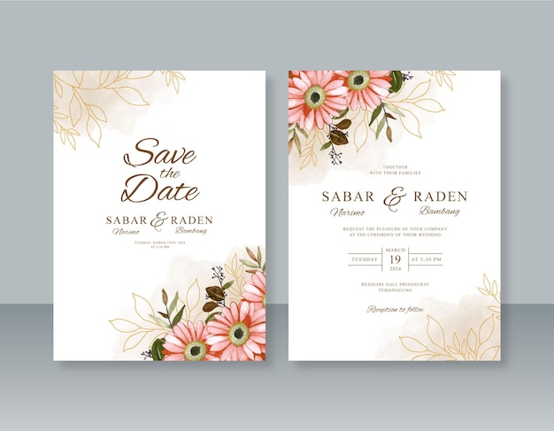 Minimalist wedding invitation template with floral watercolor painting