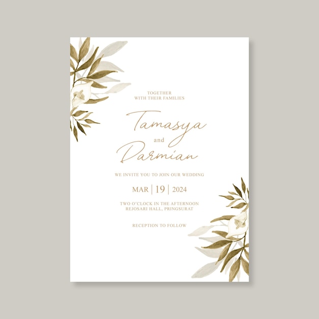 Minimalist wedding invitation template with floral watercolor