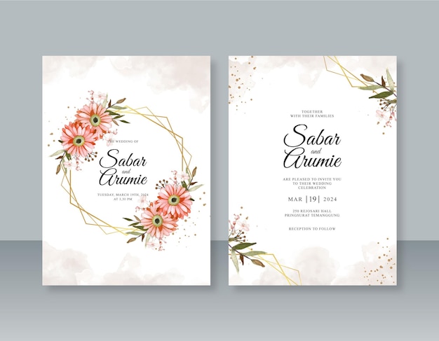 Minimalist wedding invitation template with geometric frame and watercolor painting