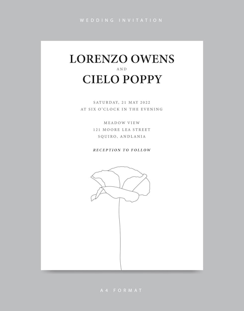 Minimalist wedding invitation template with poppy flower