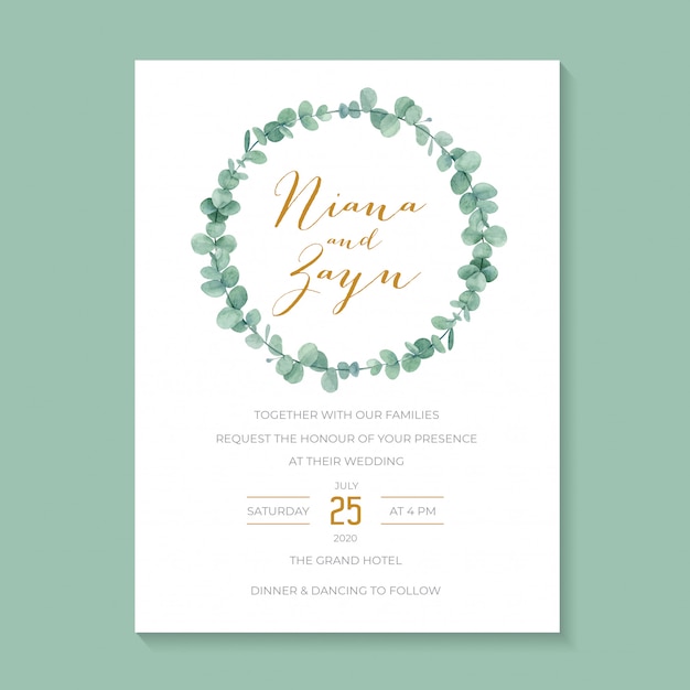 Minimalist wedding Invitation with beautiful watercolor eucalyptus wreath garland,