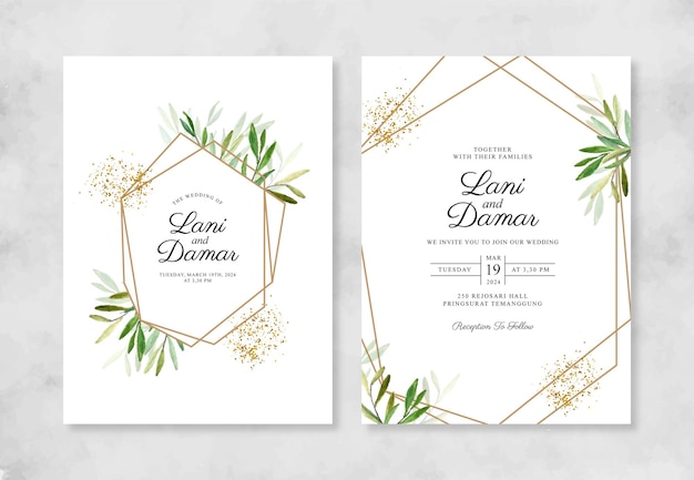 Minimalist wedding invitation with watercolor foliage and geometric gold