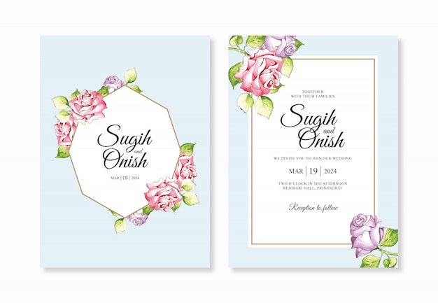 Minimalist wedding invitations set template with floral watercolor painting