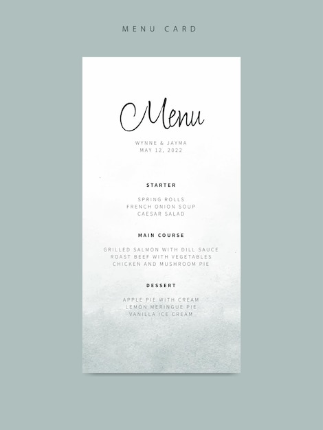 Minimalist wedding menu template with green watercolor