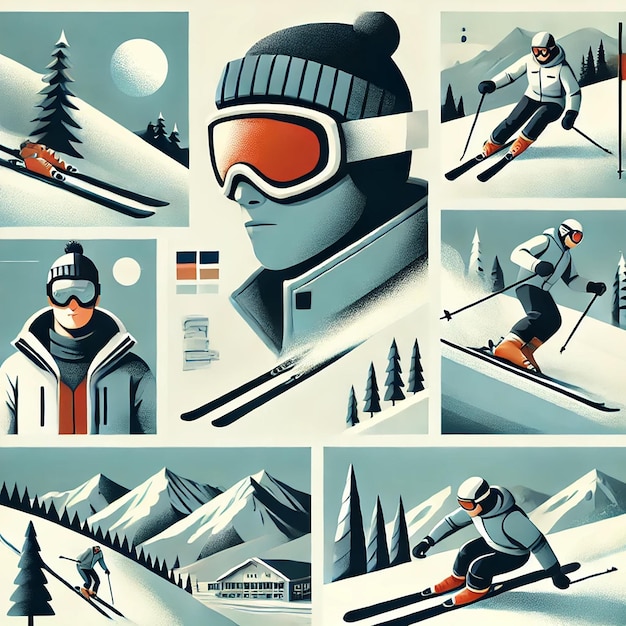 Minimalist Winter Sports Illustration Collage Featuring Skiing