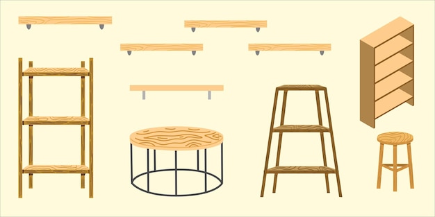 Minimalist Wooden Furniture Illustration. Hand Drawn Vector Set Collection.