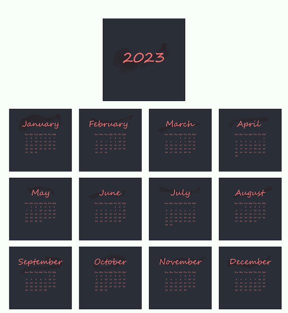 Minimalistic 2023 calendar with pink text on dark background. Monthly calendar with watercolor splas