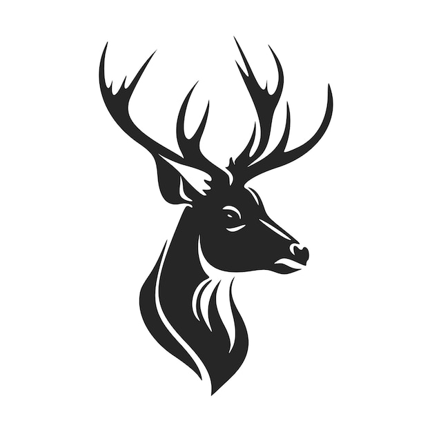 Minimalistic black and white vector logo depicting a deer with big antlers