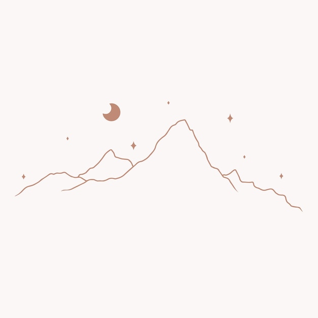 Minimalistic boho line art mountains with moon and stars magical vector art