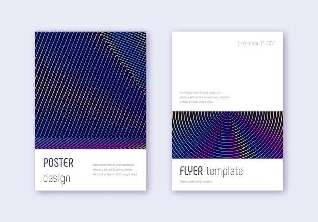 Minimalistic cover design template set. Rainbow abstract lines on dark blue background. Elegant cover design. Valuable catalog, poster, book template etc.