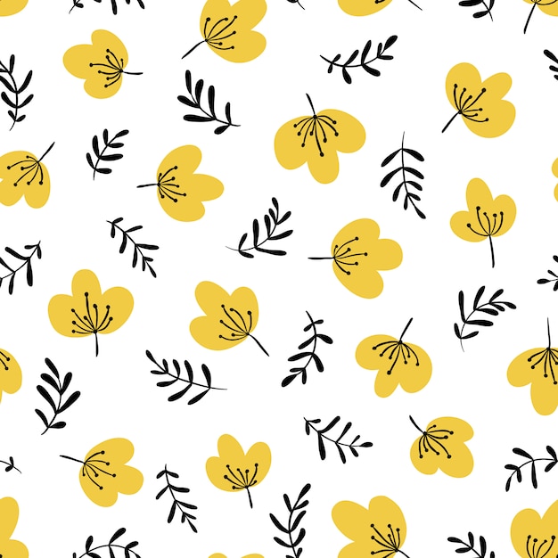 Minimalistic floral seamless pattern in simple cartoon hand-drawn style. Illustration of flowers and herbs