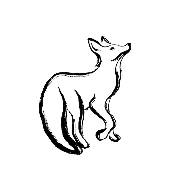 Minimalistic fox drawing in the technique of one ink stroke Brush and paint texture