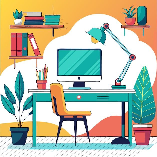 A minimalistic illustration of a home office with a desk chair computer lamp and plants