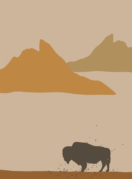 Minimalistic landscape with mountains and buffalo. Modern poster. Vector art.