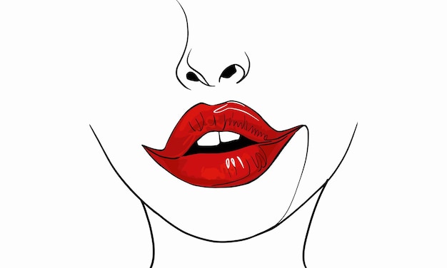 Vector minimalistic line art a closeup of a womans lips perfectly painted in a bold red color line art