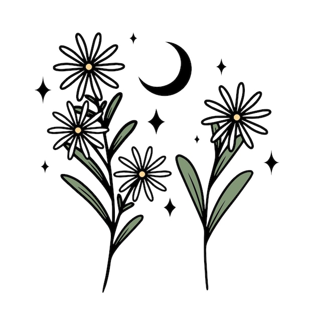 Minimalistic line art illustration of flowers with moon and stars vector art