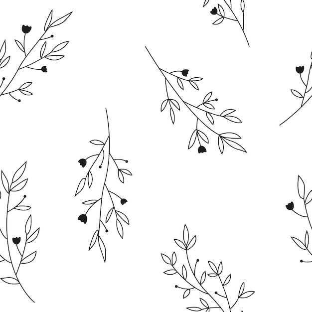 Minimalistic line art pattern with plant branches isolated on white background