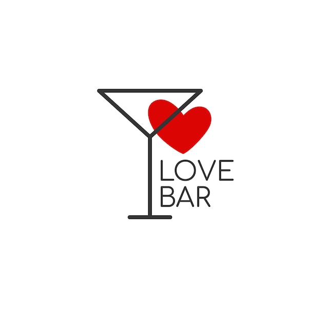 Minimalistic logo for alcohol bar, shop, restaurant. A martini glass on a white background with the inscription "cocktail bar" and a trace of lips with red lipstick.