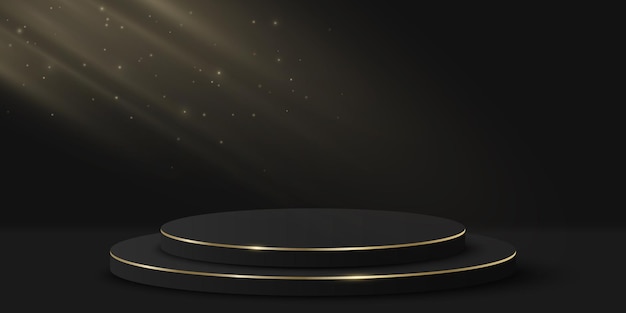 Minimalistic luxurious podium with light effect for show your product. 3d cylinder on black background. Platform or scene. Mockup for fashion presentation. Vector