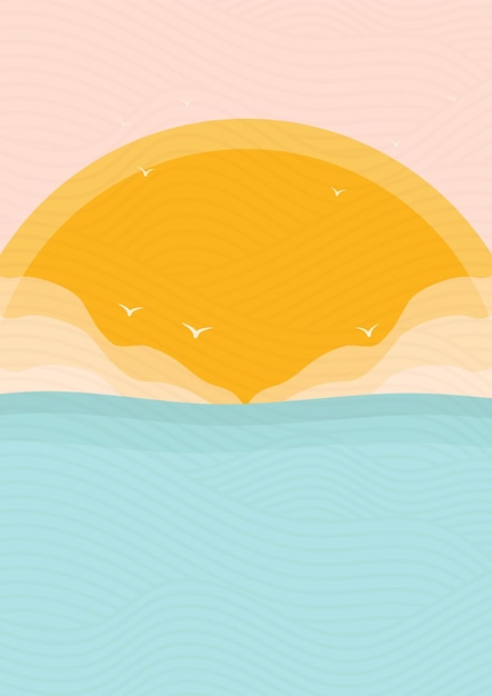 Minimalistic modern ocean side and sunset print Ocean wave and birds aesthetic landscape