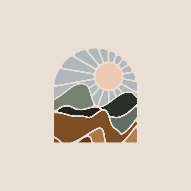 Minimalistic mountains landscape with sunset badge or logo or sticker design template in pastel earth colors Vector illustration