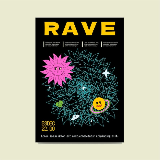 Minimalistic rave poster with groovy sun smiling planet and lined background Acid psychedelic flyer