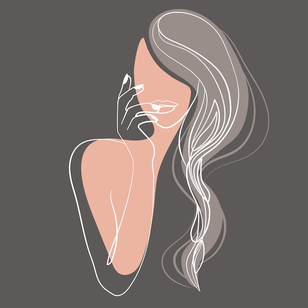 Minimalistic silhouette of woman face with long hair and hand near lips Continuous line vector.