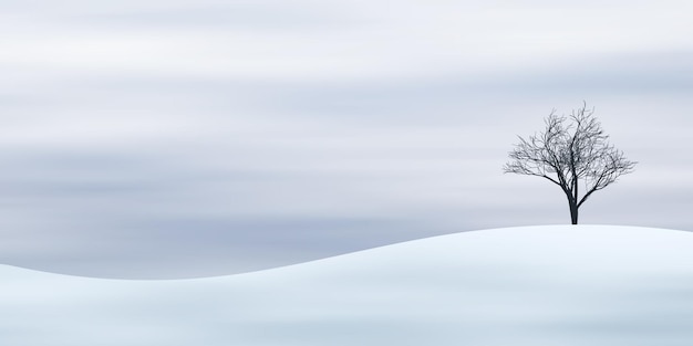 Vector minimalistic winter landscape snowy hill and one tree