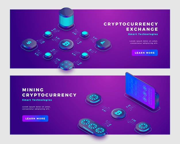 Vector mining bitcoin and cryptocurrency exchange concept banner template.