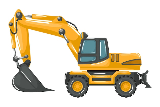 Mining and construction heavy machinery with cartoon style yellow wheeled excavator