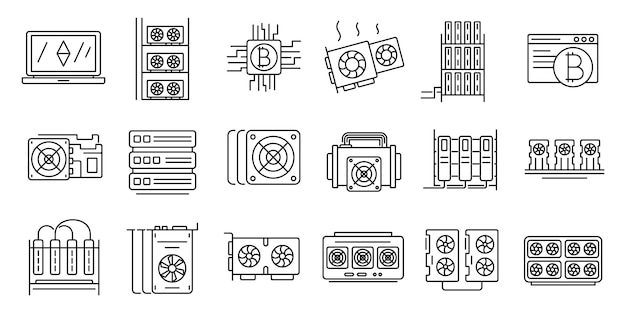 Mining farm icons set, outline style