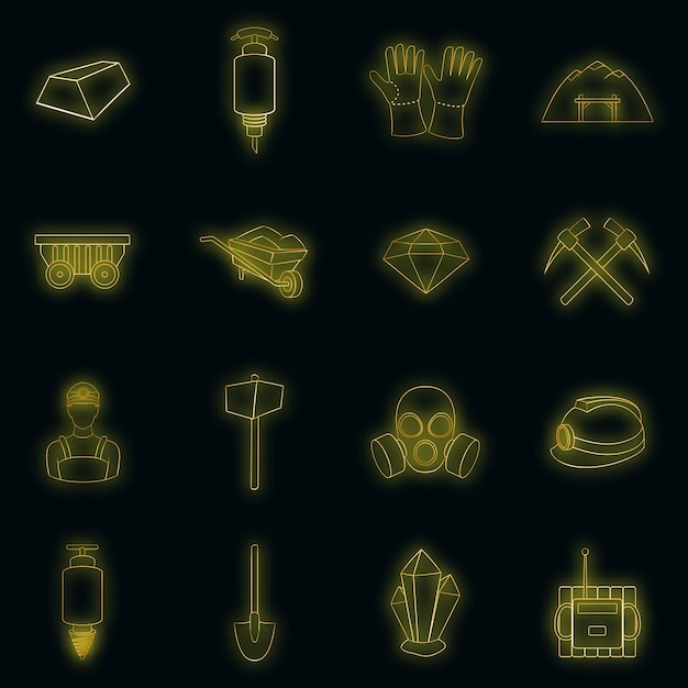 Mining icons set in neon style. Quarrying industry set collection vector illustration