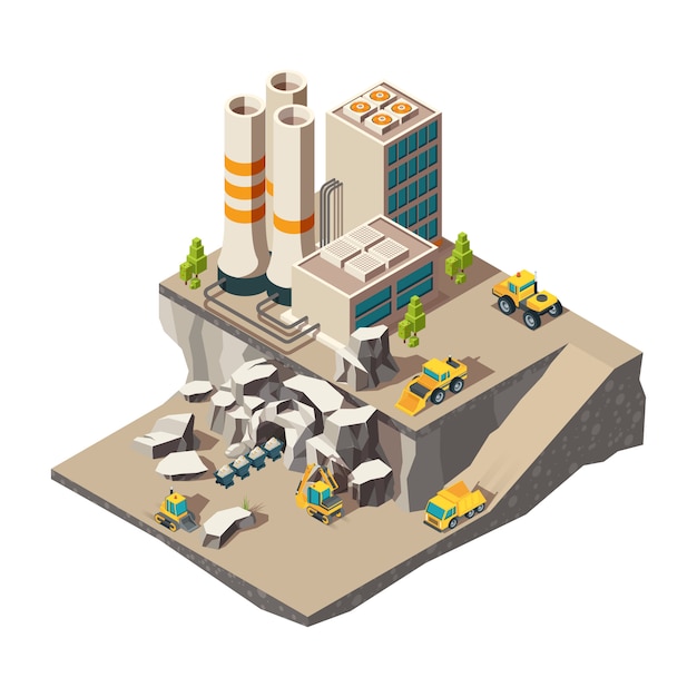 Mining isometric. Rock mine industry production quarry construction technics composition