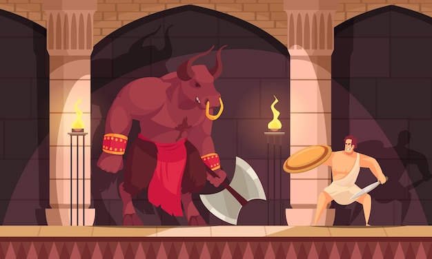 Minotaur fighting with Theseus flat illustration