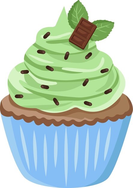 Vector mint cake cupcake muffin dessert with mint cream and chocolate mint and chocolate confectioner