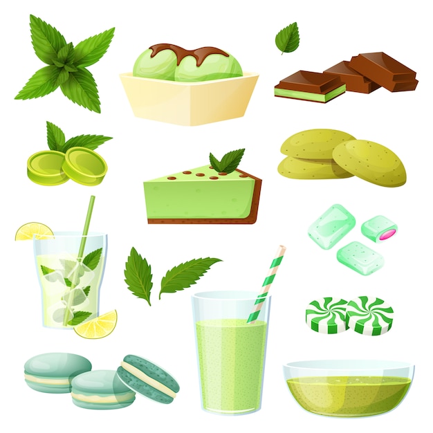 Mint food set, collection of desserts and beverages  on white,  illustration