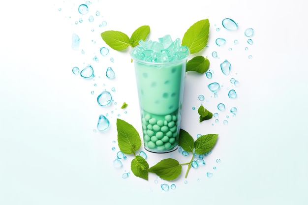 Vector mint milkshake with cream decorated with leaves around on white wooden table and light isolated back