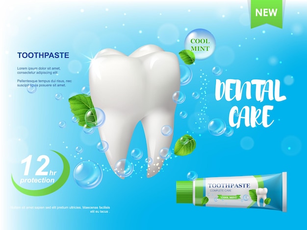 Mint toothpaste, white healthy tooth poster. Spearmint leaves, water bubbles and tube with paste