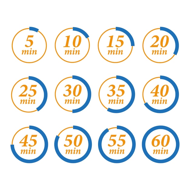 Minute timer icons set Icons for one minute five ten fifteen or more minutes The arrow indicates