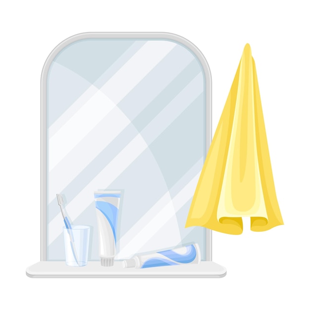 Mirror and shelf with toothbrush and toothpaste as bathroom accessory vector illustration