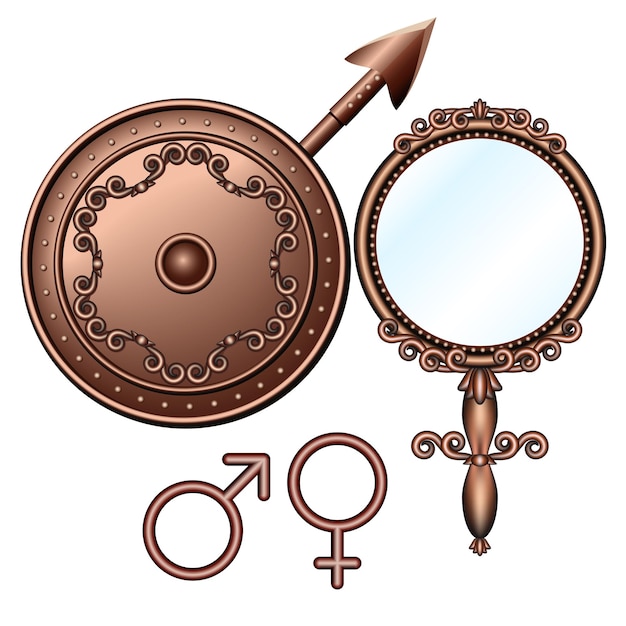 Mirror of Venus and spear of Mars male and female symbols Vector illustrations