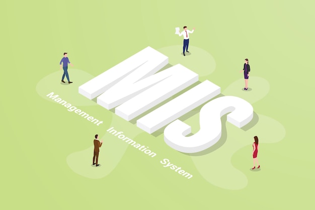 Mis management information system big text word and people around with modern isometric style