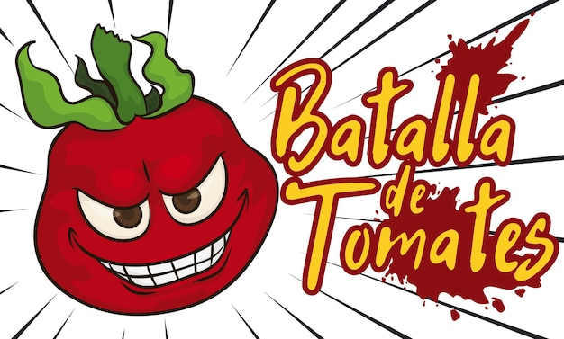 Mischievous tomato going crossing at full speed in a funny Battle of Tomatoes in Spanish