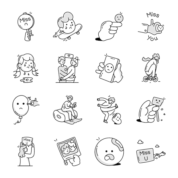 Vector miss you doodle collection with sad and upset characters